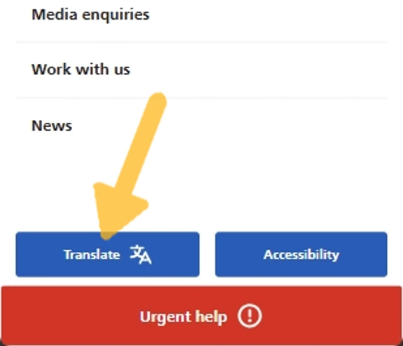 A mobile screenshot of the menu screen with an arrow pointing to the 'Translate' button