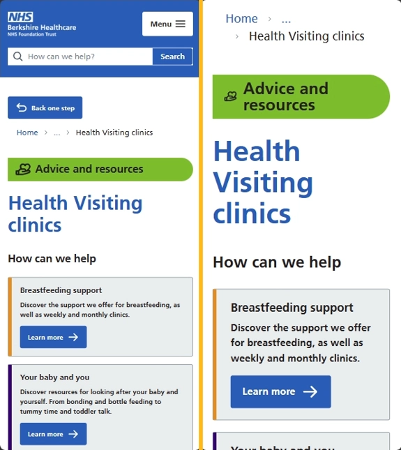 A side-by-side comparison of a mobile screenshot of the 'Health Visiting clinics' page on this website in default view and bigger text mode