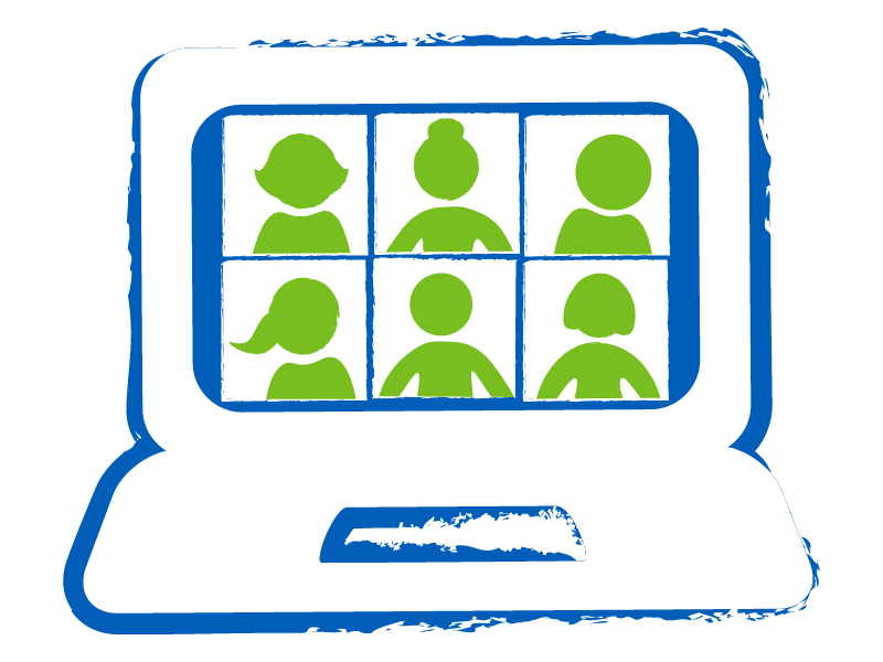 blue and green drawing of group video call on a laptop