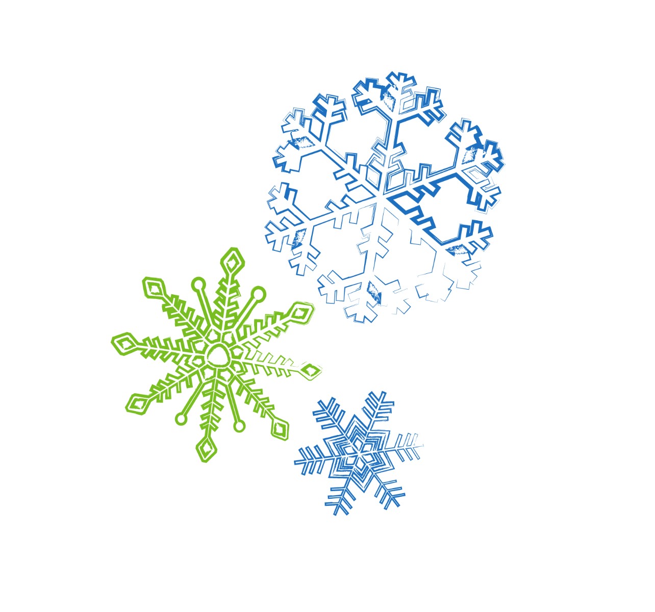 Drawings of blue and green snowflakes