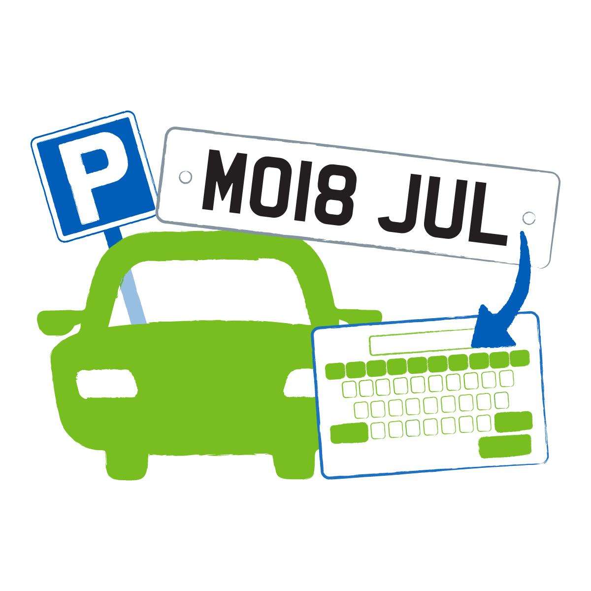 Icon of parked car and licence plate with arrow pointing to keyboard