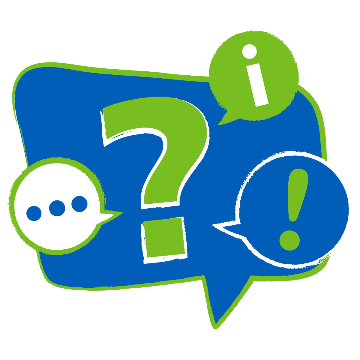 Speech bubble graphic to illustrate the idea of a public question with question marks and information icons