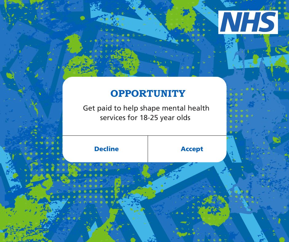 Phone notification which reads: Opportunity - Get paid to help shape mental health services for 18-25 year olds. Accept or Decline.