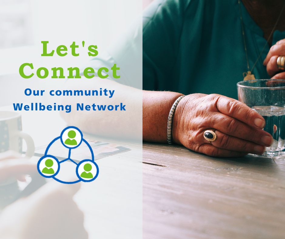 Image of a two people at a table, only hands are visible and one is holding a glass of water. The text overlay says Let's Connect Our Community Wellbeing Network