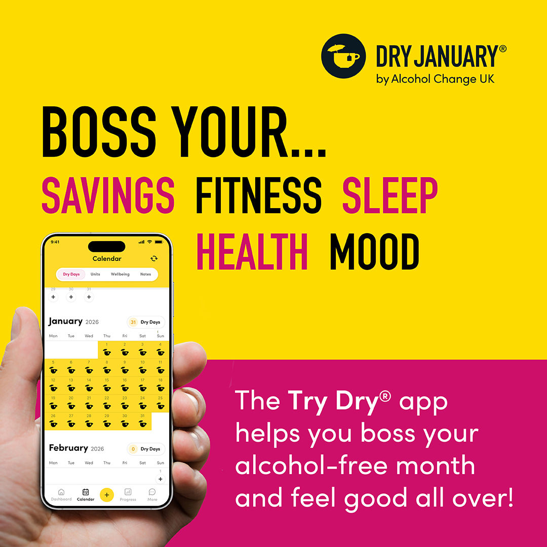 Hand holding a phone with the Dry App that says: "Boss your savings, fitness, sleep, health, mood"