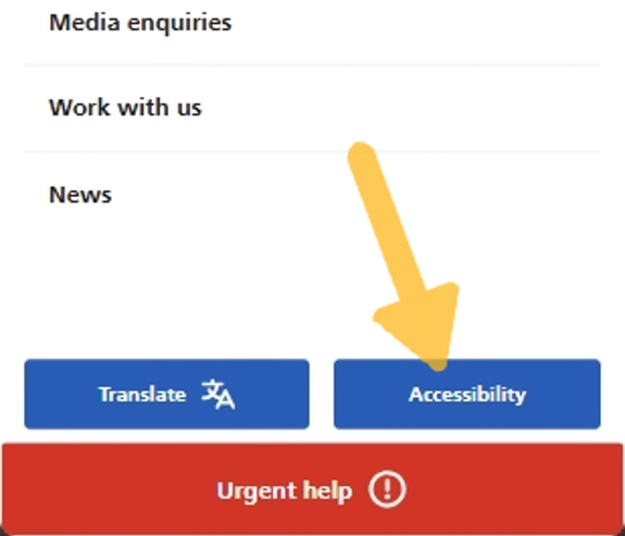 A mobile screenshot of the menu screen with an arrow pointing to the 'Accessibility' button