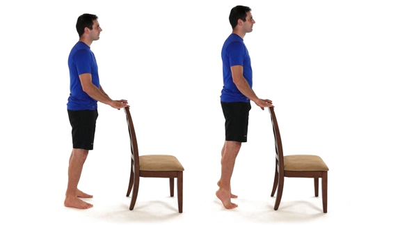 A picture of a person first standing behind chair, and then another of the person holding the top while standing on tiptoes