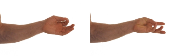 Thumb touching fourth finger tip and then little finger tip