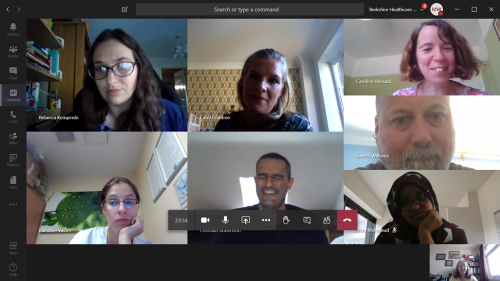 A picture of Mary and her team using Microsoft Teams to have a virtual meeting