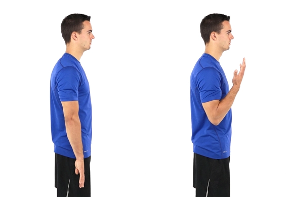 Person standing straight with arms by their sides, and then bending on to bring hand to shoulder.