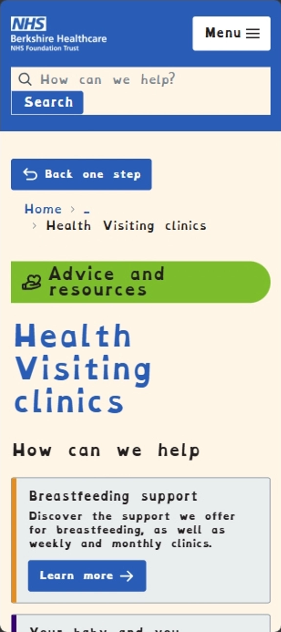 A mobile screenshot of the 'Health Visiting clinics' page on this website in dyslexic mode