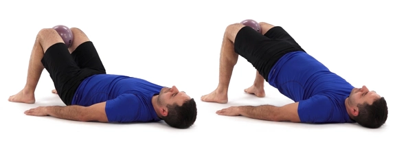 Person lying on back with knees bent, feet flat on the floor, and a ball between their knees, and then with their hips raised off the floor.