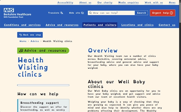 A desktop screenshot of the 'Health Visiting clinics' page on this website in dyslexic mode