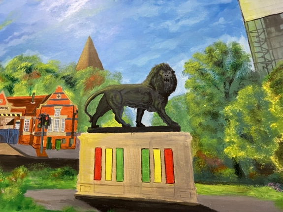 Windrush painting of a lion monument 