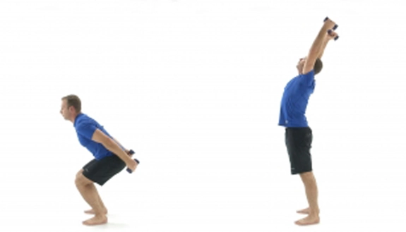 Person squatting with hands holding dumbbells out behind them, then standing straight with arms raised, still holding the dumbbells.