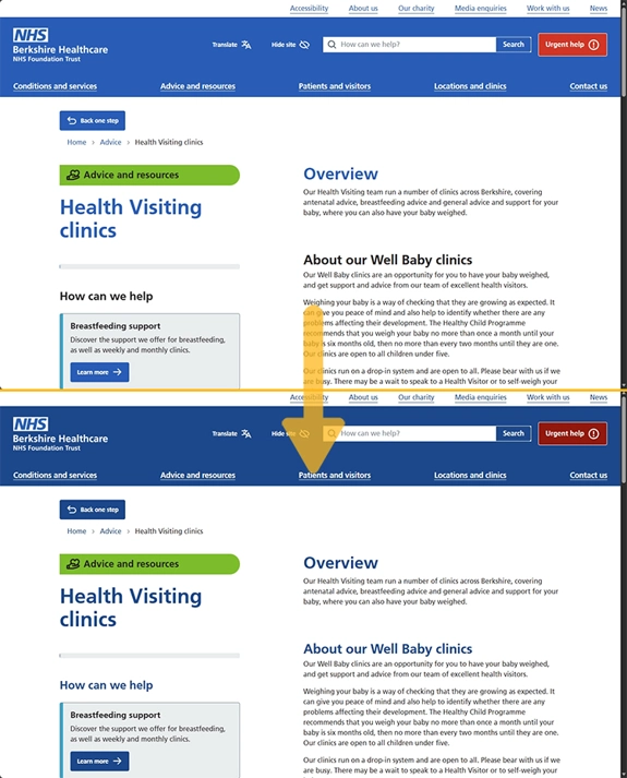 A side-by-side comparison of a desktop screenshot of the 'Health Visiting clinics' page on this website in default view and high contrast