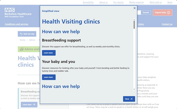 A desktop screenshot of the 'Health Visiting clinics' page on this website in simplified view