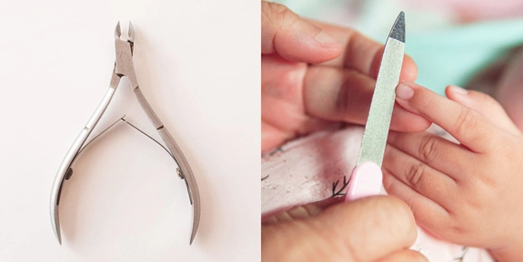 Nail nippers in image on the left and, on the right, a nail file being used on a young child's fingernail.