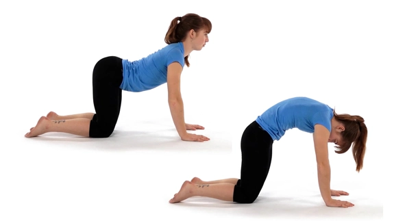 Person on hands and knees with back arched (tummy toward the floor), and then the back is rounded upward with chin tucked into chest.