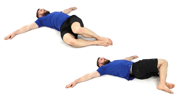 Person lying with arms out straight either side of them, knees bent to one side, and then knees are bent to the other side.