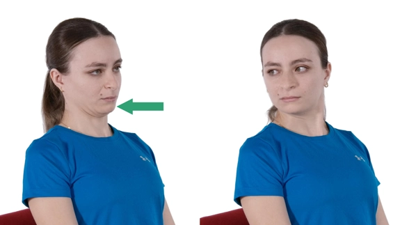 A person sitting and looking forward with chin tucked in, and then with head turned to side.