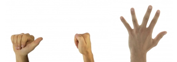 Fist with a thumb poking out, then with the thumb resting over the fingers, then the hand with fingers and thumb straightened out.