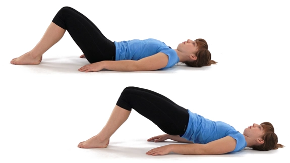 A person first lying on their back with knees bent and feet flat on the floor, and then with their hips raised off the floor.