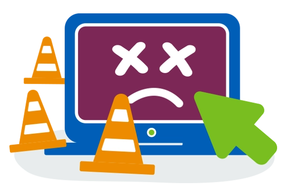 404 error logo, showing an unhappy cartoon computer screen and traffic cones