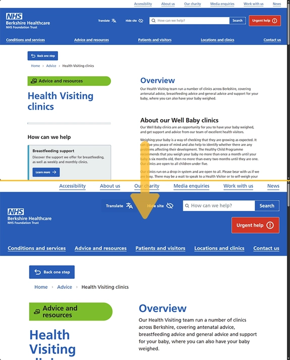 A side-by-side comparison of a desktop screenshot of the 'Health Visiting clinics' page on this website in default view and bigger text mode