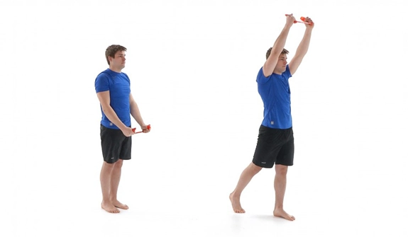 Person holding a resistance band with both hands at hip-width, and then raising arms above their head with the band while stepping forward.
