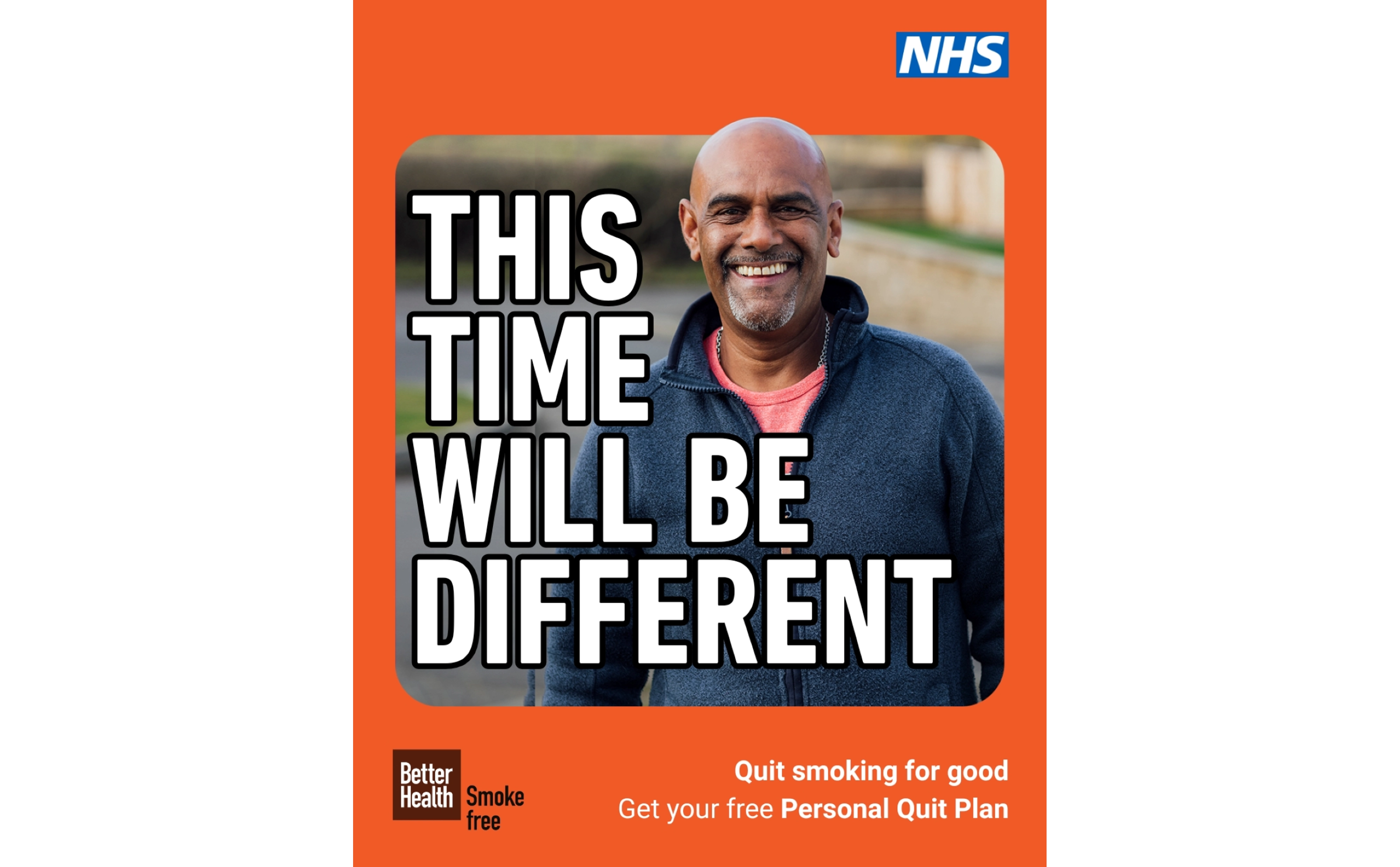 Man smiling next to text 'this time will be different'