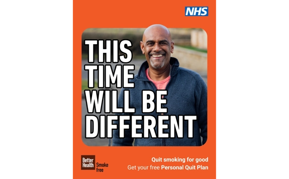 Man smiling next to text 'this time will be different'