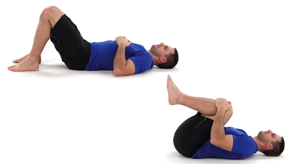 Person lying with feet flat on the floor, then with knees tucked to chest, hands pulling on their knees.