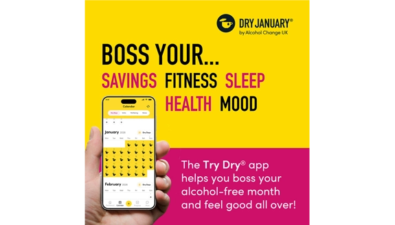 The Dry January Try Dry app poster. Text reads: Boss your savings fitness sleep health mood. The Try Dry app helps you boss your alcohol-free month and feel good all over!