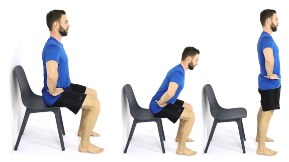 Person sitting up straight in a chair with hands on hips, then leaning forward, then standing, still with hands on hips.
