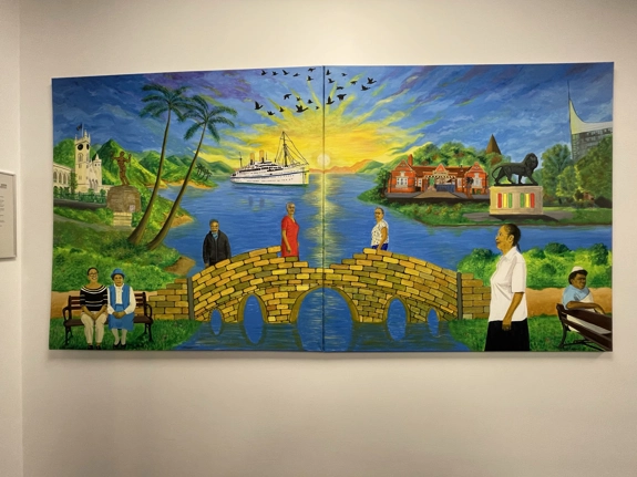 Windrush painting of people sitting on a bench and walking over a bridge with a ship in the distance 