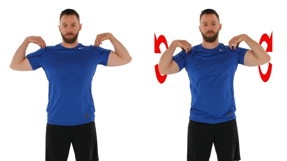 Person standing with hands on their shoulders and elbows pointed out, with arrows showing to show making circles with them.