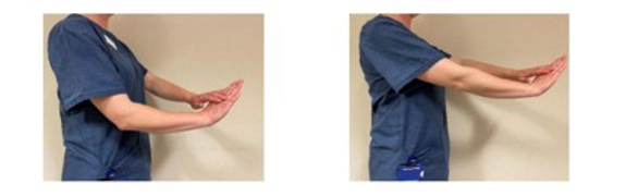 A person holding their hands out with slightly bent arms, one hand over the other. Then arms straightened as the top hand pushes the other.