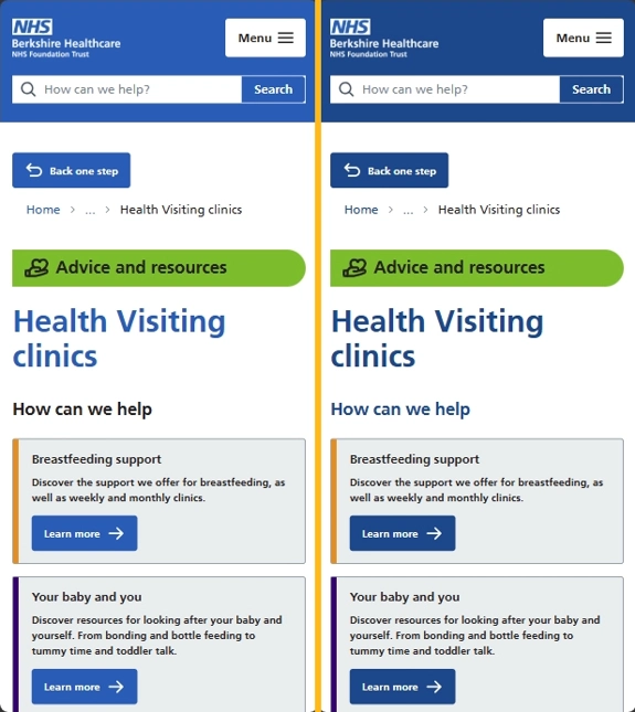 A side-by-side comparison of a mobile screenshot of the 'Health Visiting clinics' page on this website in default view and high contrast