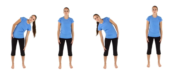 Person standing bent to the side with a hand reaching down to their knee, then standing straight, and doing the same on the other side.