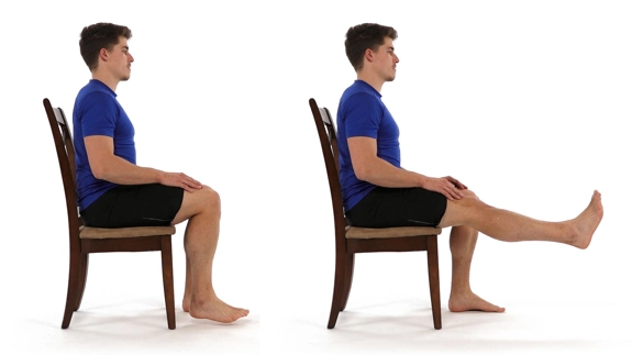 Person seated with feet flat on the floor and hands on knees, then raising one leg out straight.