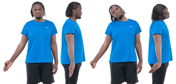 Person holding arm out slightly with hand bending back and head tilted towards it.