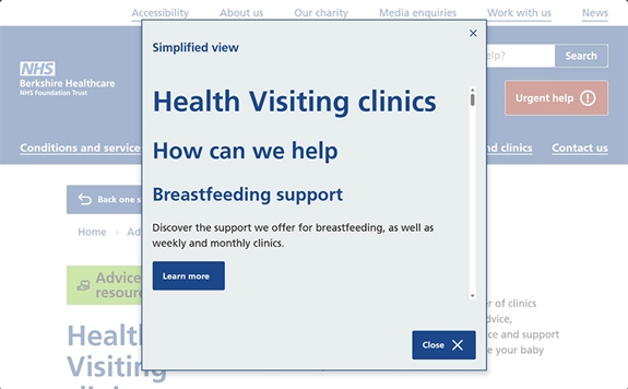A desktop screenshot of the 'Health Visiting clinics' page on this website in a simplified view while also in bigger text mode and high contrast