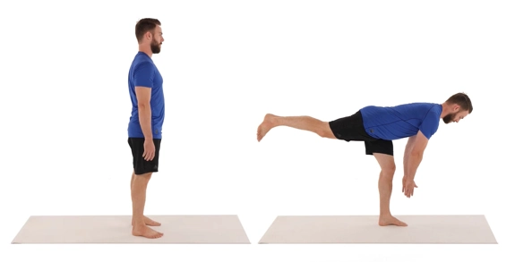 Person standing straight and then bent forward from the hips with a straight back, one leg out behind them and their arms pointed to the ground.
