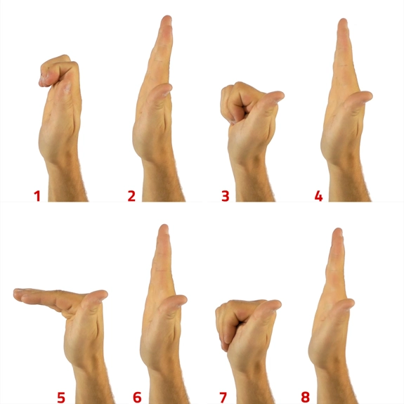 Series of photos showing combination of hand movements, from straight to bending fingers at different points.