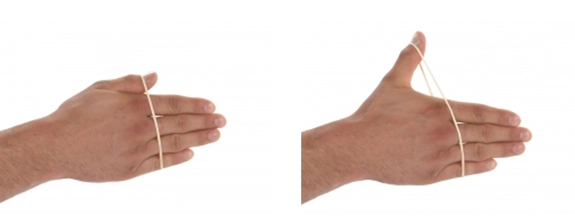 A hand with an elastic band round the fingers and thumb, and then the thumb raised upwards against the resistance of the band.