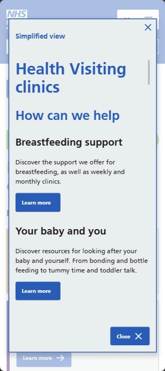 A mobile screenshot of the 'Health Visiting clinics' page on this website in a simplified view.