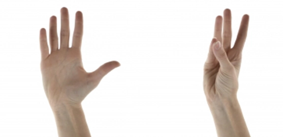 Hand with fingers and thumb splayed, and then thumb touching to the tip of the little finger.