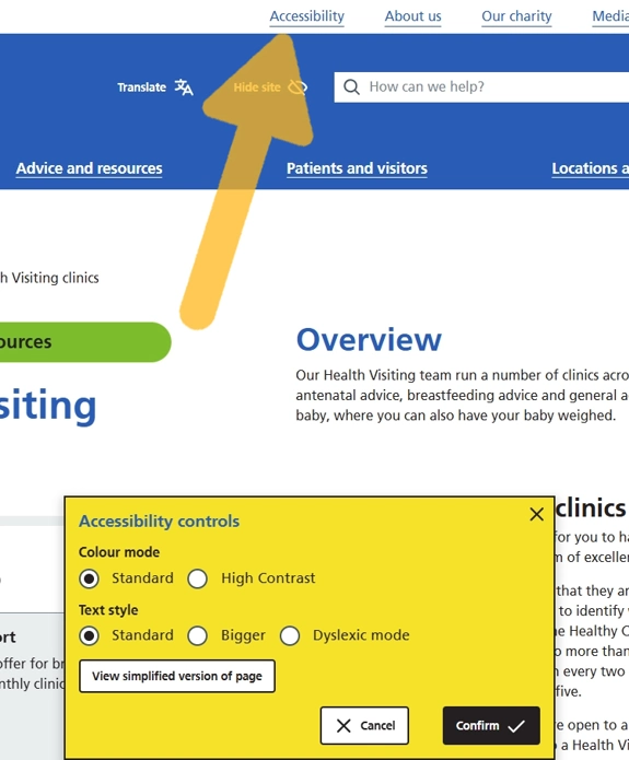 A desktop screenshot of a page on this website with an arrow pointing to the 'Accessibility' button, and the accessibility controls box on screen