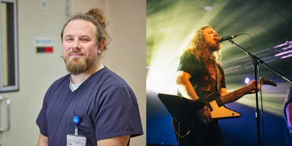 A split picture showing Tristan in his uniform as an audiologist, next to a shot of him performing music live